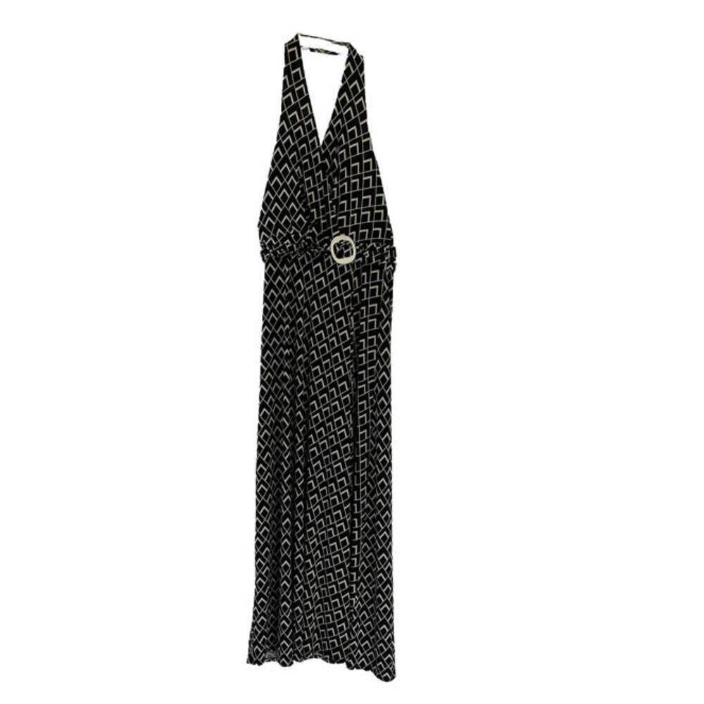 White House Black Market maxi halter dress size Small black white belted v-neck - Picture 3 of 7